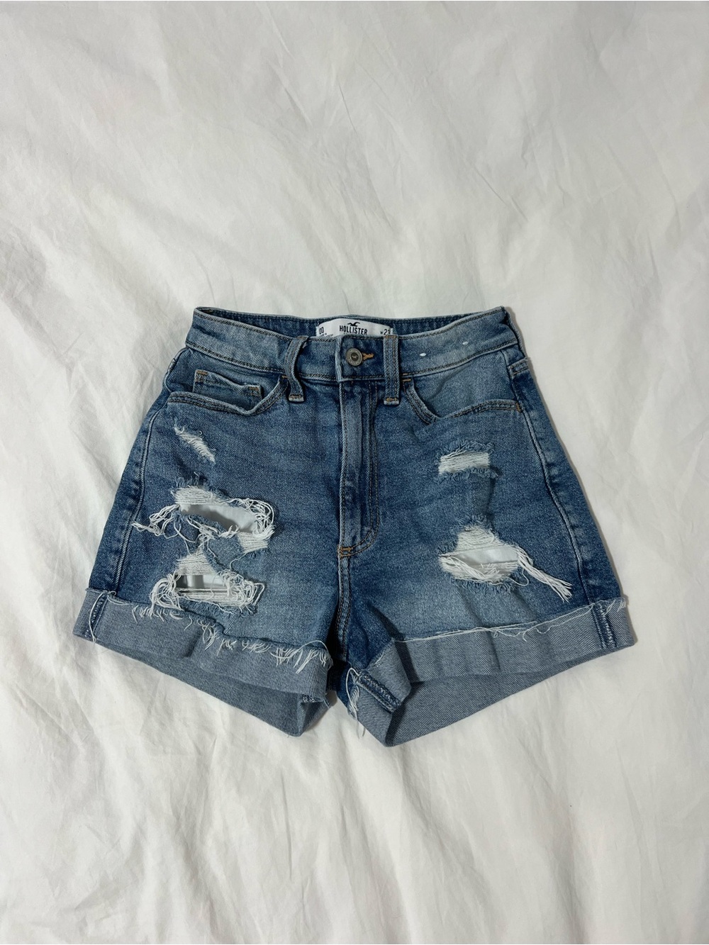 Hollister Medium Blue Distressed High-Rise Denim Shorts